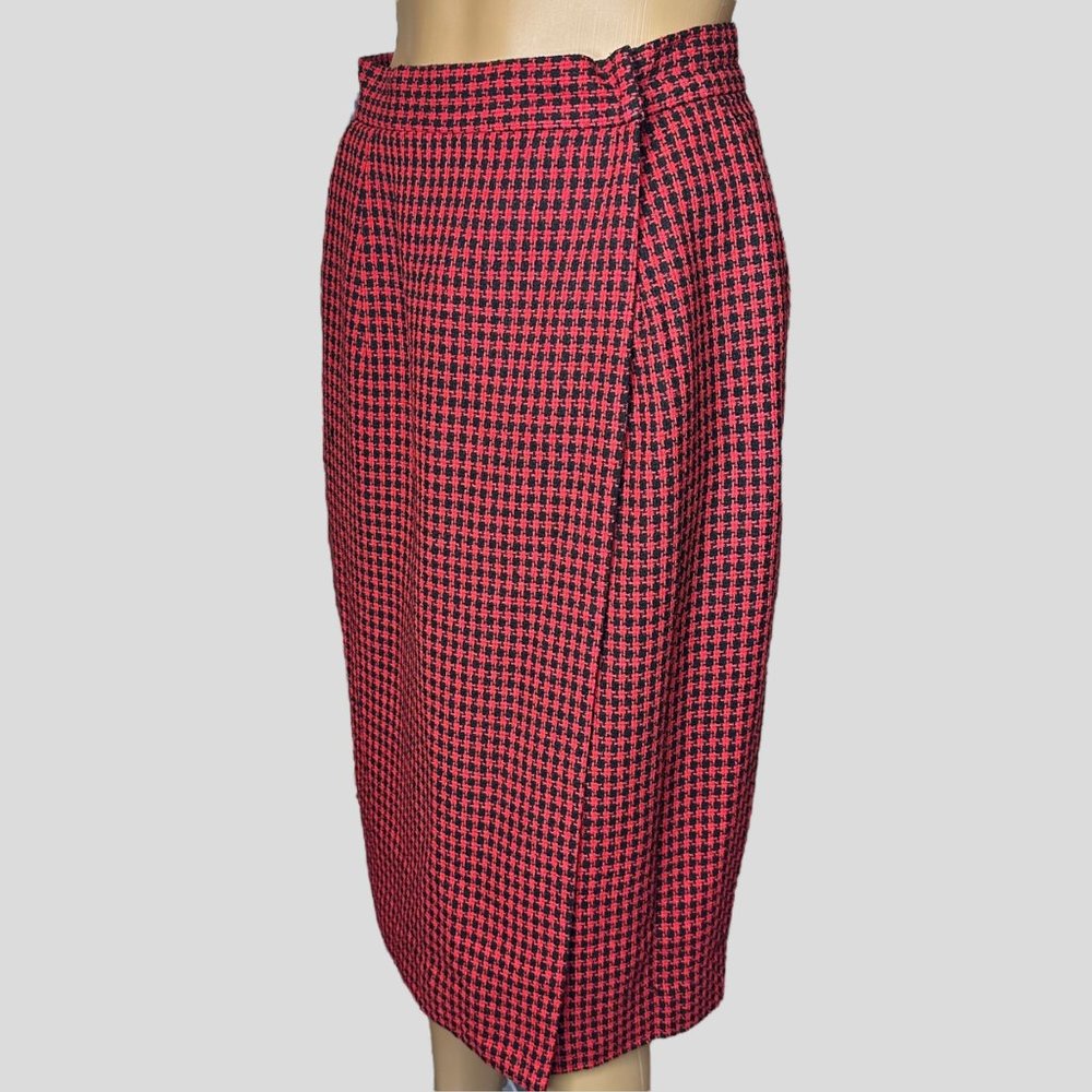 Ann May|Women|Plaid Pencil Wrap Skirt|Size 6|Red Black|100% Silk|Lined|Pockets